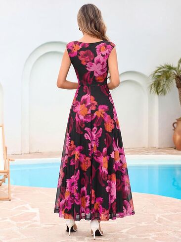 Simplee Womens Floral Wedding Guest Dress Summer Mesh Cap Sleeve Crewneck Flowy Elegant Party Vacation Formal Maxi Dresses in Saudi Arabia