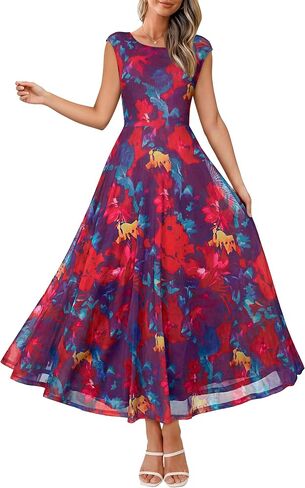 Simplee Womens Floral Wedding Guest Dress Summer Mesh Cap Sleeve Crewneck Flowy Elegant Party Vacation Formal Maxi Dresses in Saudi Arabia