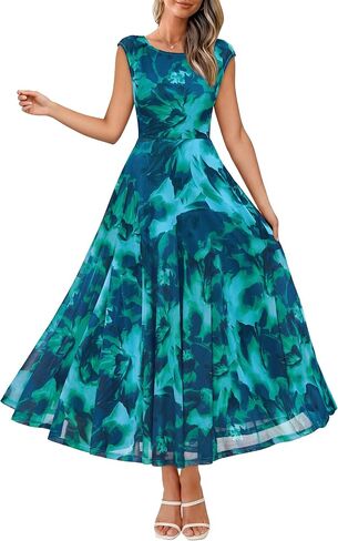 Simplee Womens Floral Wedding Guest Dress Summer Mesh Cap Sleeve Crewneck Flowy Elegant Party Vacation Formal Maxi Dresses in Saudi Arabia
