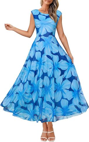 Simplee Womens Floral Wedding Guest Dress Summer Mesh Cap Sleeve Crewneck Flowy Elegant Party Vacation Formal Maxi Dresses in Saudi Arabia