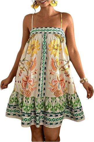 Floerns Women's Plus Size Boho Floral Print Cami Dress Backless Sleeveless Ruffle Mini Dresses in Saudi Arabia