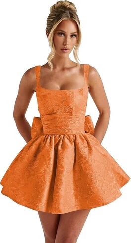 Satin Jacquard Homecoming Dresses with Bow A Line Square Neck Mini Dress Ball Gown in Saudi Arabia
