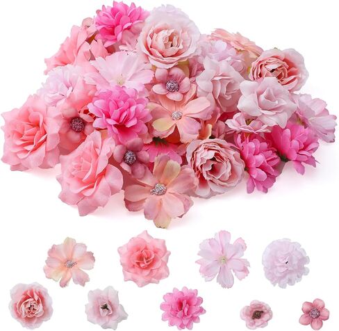 50 PCS Fake Flower Heads Pink Small Artificial Flowers Small-Flowers for Crafts Silk Artificial Flower DIY Fake Mini-Flowers Rose Daisy Flowers Craft Supplies for Wedding Party Wreath Graduation Decor in Saudi Arabia