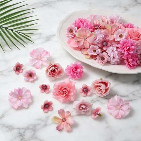 50 PCS Fake Flower Heads Pink Small Artificial Flowers Small-Flowers for Crafts Silk Artificial Flower DIY Fake Mini-Flowers Rose Daisy Flowers Craft Supplies for Wedding Party Wreath Graduation Decor in Saudi Arabia