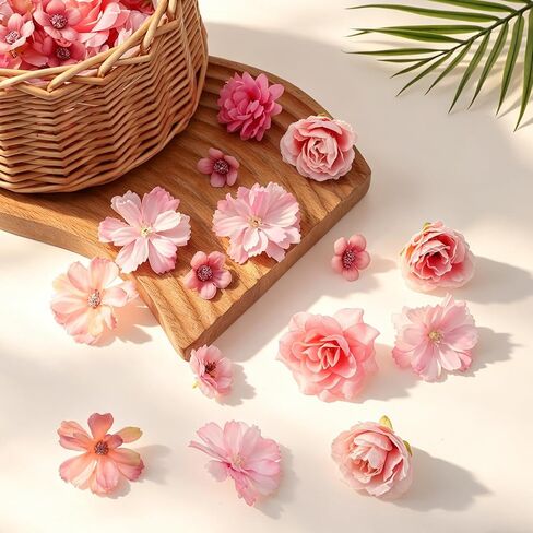 50 PCS Fake Flower Heads Pink Small Artificial Flowers Small-Flowers for Crafts Silk Artificial Flower DIY Fake Mini-Flowers Rose Daisy Flowers Craft Supplies for Wedding Party Wreath Graduation Decor in Saudi Arabia