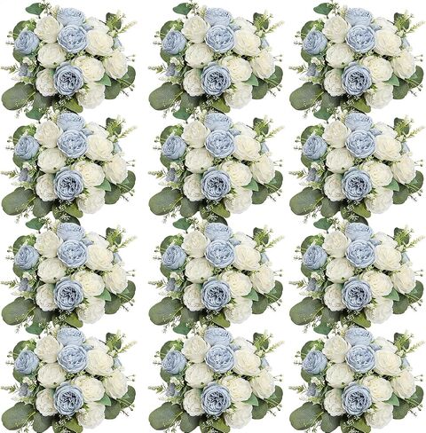 Peonies Artificial Flowers Bulk, 12 Bundles Fake Silk Peonies Faux Eucalyptus Bouquet Realistic Peony Floral Arrangement for Wedding Table Centerpiece Vase Decor (Dusty Blue & White) in Saudi Arabia