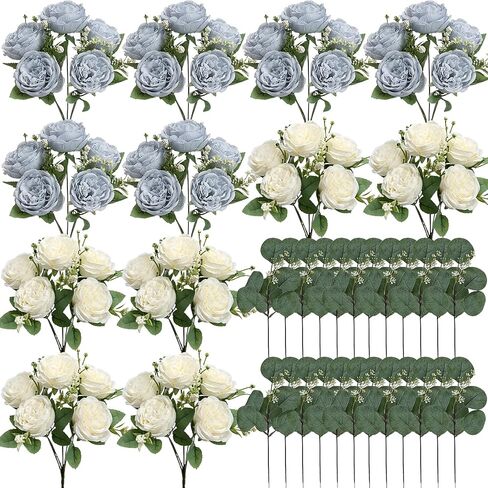 Peonies Artificial Flowers Bulk, 12 Bundles Fake Silk Peonies Faux Eucalyptus Bouquet Realistic Peony Floral Arrangement for Wedding Table Centerpiece Vase Decor (Dusty Blue & White) in Saudi Arabia
