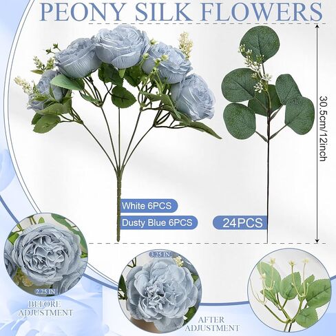 Peonies Artificial Flowers Bulk, 12 Bundles Fake Silk Peonies Faux Eucalyptus Bouquet Realistic Peony Floral Arrangement for Wedding Table Centerpiece Vase Decor (Dusty Blue & White) in Saudi Arabia