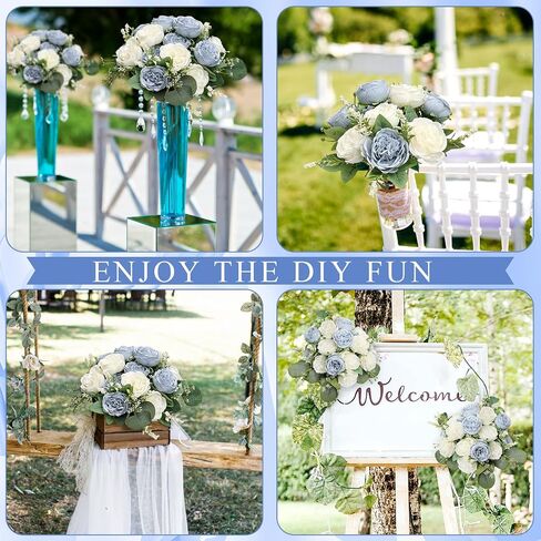 Peonies Artificial Flowers Bulk, 12 Bundles Fake Silk Peonies Faux Eucalyptus Bouquet Realistic Peony Floral Arrangement for Wedding Table Centerpiece Vase Decor (Dusty Blue & White) in Saudi Arabia