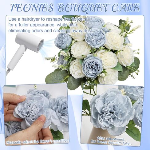 Peonies Artificial Flowers Bulk, 12 Bundles Fake Silk Peonies Faux Eucalyptus Bouquet Realistic Peony Floral Arrangement for Wedding Table Centerpiece Vase Decor (Dusty Blue & White) in Saudi Arabia