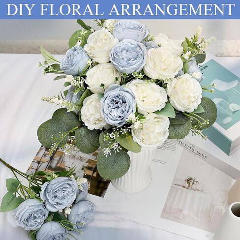 Peonies Artificial Flowers Bulk, 12 Bundles Fake Silk Peonies Faux Eucalyptus Bouquet Realistic Peony Floral Arrangement for Wedding Table Centerpiece Vase Decor (Dusty Blue & White) in Saudi Arabia