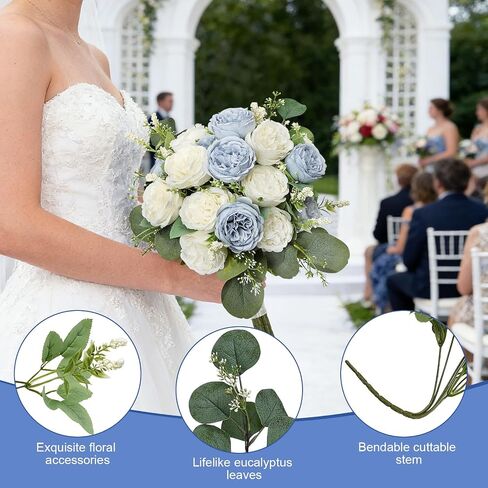 Peonies Artificial Flowers Bulk, 12 Bundles Fake Silk Peonies Faux Eucalyptus Bouquet Realistic Peony Floral Arrangement for Wedding Table Centerpiece Vase Decor (Dusty Blue & White) in Saudi Arabia