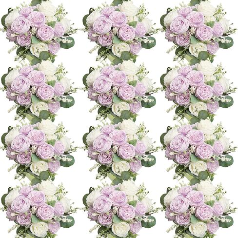Peonies Artificial Flowers Bulk, 12 Bundles Fake Silk Peonies Faux Eucalyptus Bouquet Realistic Peony Floral Arrangement for Wedding Table Centerpiece Vase Decor (Dusty Blue & White) in Saudi Arabia