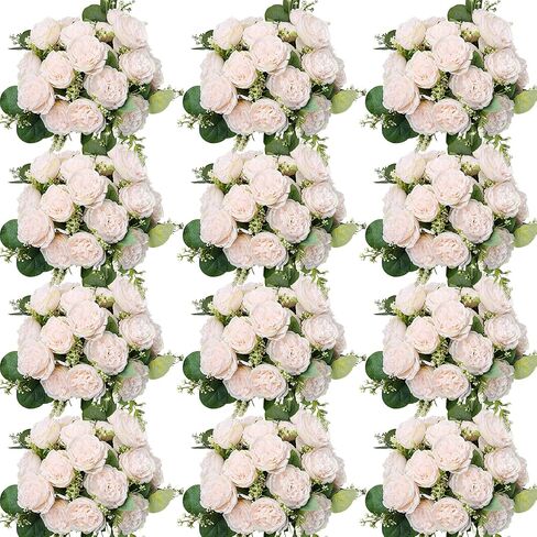 Peonies Artificial Flowers Bulk, 12 Bundles Fake Silk Peonies Faux Eucalyptus Bouquet Realistic Peony Floral Arrangement for Wedding Table Centerpiece Vase Decor (Dusty Blue & White) in Saudi Arabia