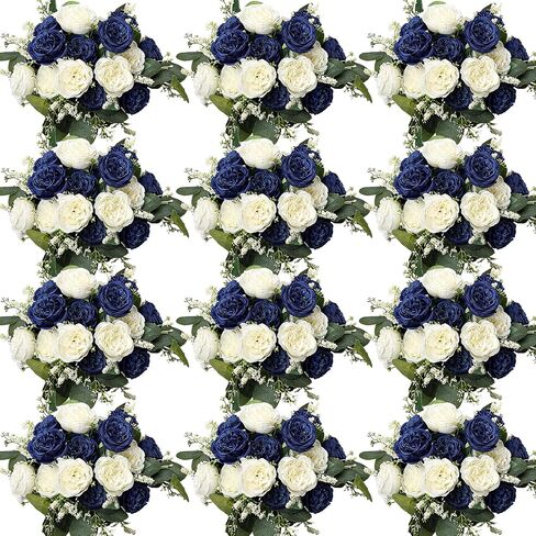Peonies Artificial Flowers Bulk, 12 Bundles Fake Silk Peonies Faux Eucalyptus Bouquet Realistic Peony Floral Arrangement for Wedding Table Centerpiece Vase Decor (Dusty Blue & White) in Saudi Arabia