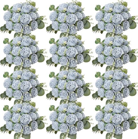 Peonies Artificial Flowers Bulk, 12 Bundles Fake Silk Peonies Faux Eucalyptus Bouquet Realistic Peony Floral Arrangement for Wedding Table Centerpiece Vase Decor (Dusty Blue & White) in Saudi Arabia