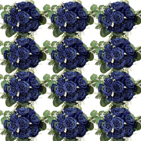 Peonies Artificial Flowers Bulk, 12 Bundles Fake Silk Peonies Faux Eucalyptus Bouquet Realistic Peony Floral Arrangement for Wedding Table Centerpiece Vase Decor (Dusty Blue & White) in Saudi Arabia