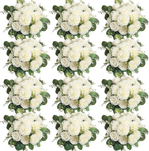 Peonies Artificial Flowers Bulk, 12 Bundles Fake Silk Peonies Faux Eucalyptus Bouquet Realistic Peony Floral Arrangement for Wedding Table Centerpiece Vase Decor (Dusty Blue & White) in Saudi Arabia