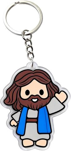 Cute Jesus Character Keychain, Acrylic Religious Charm with Metal Ring, White Robes with Blue Accent, 1.77 Inch Christian Faith Accessory in Kuwait