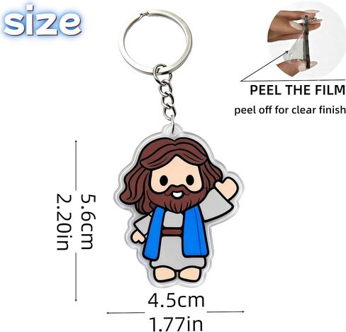 Cute Jesus Character Keychain, Acrylic Religious Charm with Metal Ring, White Robes with Blue Accent, 1.77 Inch Christian Faith Accessory in Kuwait