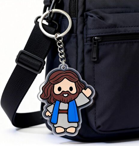 Cute Jesus Character Keychain, Acrylic Religious Charm with Metal Ring, White Robes with Blue Accent, 1.77 Inch Christian Faith Accessory in Kuwait