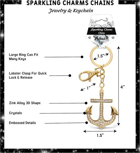 سلسلة مفاتيح Aqua79 مرساة - ذهبية ثلاثية الأبعاد متلألئة بأحجار الراين، سبيكة معدنية أنيقة عصرية، حلقة مفاتيح متينة، إكسسوار مجوهرات كريستال مع مشبك لسلسلة المفاتيح in Kuwait