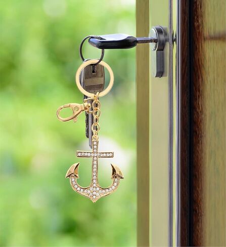 سلسلة مفاتيح Aqua79 مرساة - ذهبية ثلاثية الأبعاد متلألئة بأحجار الراين، سبيكة معدنية أنيقة عصرية، حلقة مفاتيح متينة، إكسسوار مجوهرات كريستال مع مشبك لسلسلة المفاتيح in Kuwait