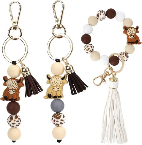 3 Pcs Highland Cow Keychain, Highland Cow Gifts for WomenBrown Silicone Western Decor Favors Cute Gifts Animal Hyland Cow Keychain Wristlet with Tassel for Women Men Gift in Saudi Arabia