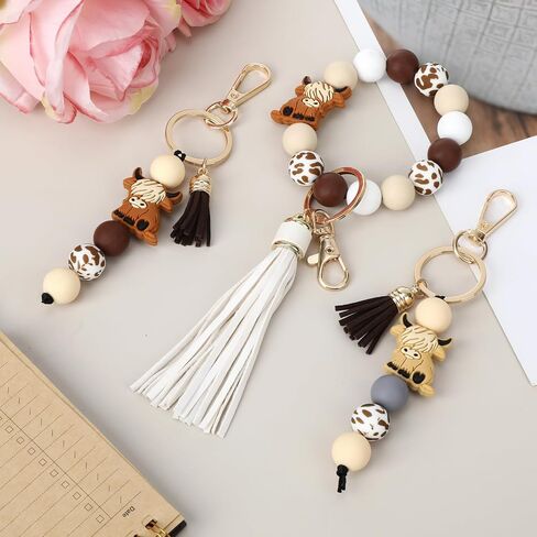 3 Pcs Highland Cow Keychain, Highland Cow Gifts for WomenBrown Silicone Western Decor Favors Cute Gifts Animal Hyland Cow Keychain Wristlet with Tassel for Women Men Gift in Saudi Arabia