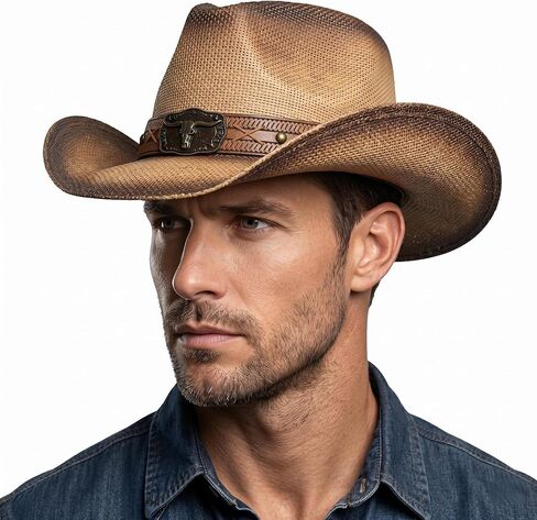 Classic Straw Western Cowboy Hat for Men and Women, Cowgirl Hat, Structured Wide Brim Cattleman Rodeo Sun Hat for Ranch, Farm, Country Concert, Outdoor Party in Saudi Arabia