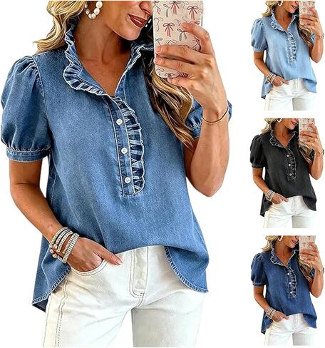 Denim Shirt Women Y2K Ruffle Denim Top Puff Short Sleeve Button Down Jean Shirt Dressy Casual Summer Blouses in Saudi Arabia