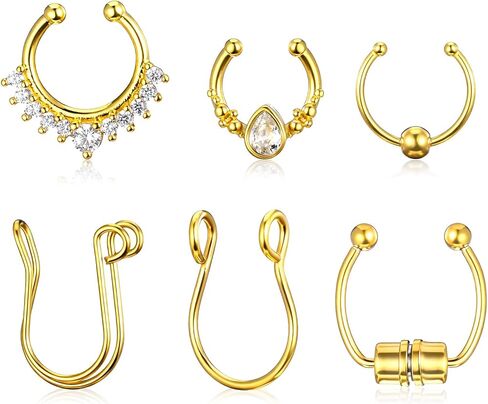 6 Pcs Fake Lip Ring Gold Septum Ring Fake Nose Piercing Faux Septum Piercing for Women Men Non Piercings in Saudi Arabia