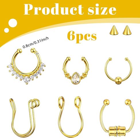 6 Pcs Fake Lip Ring Gold Septum Ring Fake Nose Piercing Faux Septum Piercing for Women Men Non Piercings in Saudi Arabia