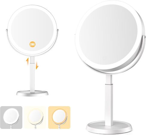 Makeup Mirror, 3000mAh Rechargeable Double-Sided Magnifying Vanity Mirror with 3 Colors, 1X/20X, 360° Rotation, Adjustable Brightness,Dorm Room Essential in Saudi Arabia