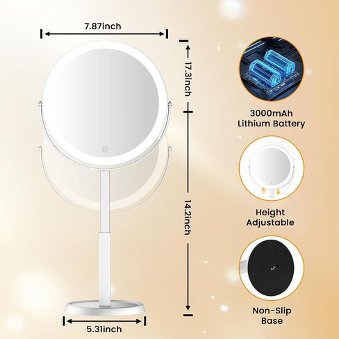 Makeup Mirror, 3000mAh Rechargeable Double-Sided Magnifying Vanity Mirror with 3 Colors, 1X/20X, 360° Rotation, Adjustable Brightness,Dorm Room Essential in Saudi Arabia