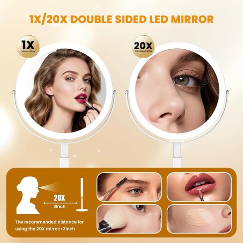 Makeup Mirror, 3000mAh Rechargeable Double-Sided Magnifying Vanity Mirror with 3 Colors, 1X/20X, 360° Rotation, Adjustable Brightness,Dorm Room Essential in Saudi Arabia