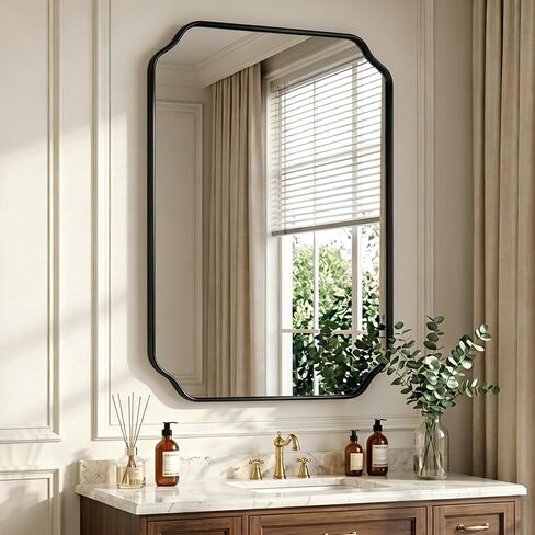 36"x24" Black Wall Bathroom Mirror, Scalloped Edge Vanity Mirror | Hangs Vertically/Horizontally, Wooden Frame Decorative Mirror, For Vanity, Bedroom & Entryway, Aesthetic Bathroom Decor in Saudi Arabia