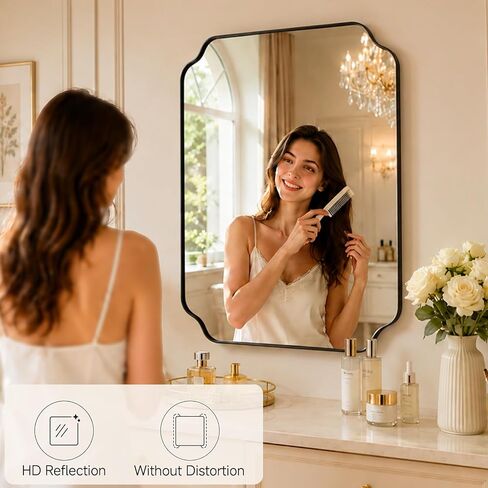 36"x24" Black Wall Bathroom Mirror, Scalloped Edge Vanity Mirror | Hangs Vertically/Horizontally, Wooden Frame Decorative Mirror, For Vanity, Bedroom & Entryway, Aesthetic Bathroom Decor in Saudi Arabia