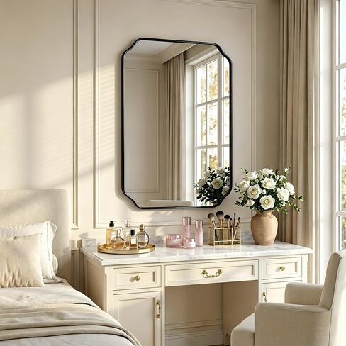 36"x24" Black Wall Bathroom Mirror, Scalloped Edge Vanity Mirror | Hangs Vertically/Horizontally, Wooden Frame Decorative Mirror, For Vanity, Bedroom & Entryway, Aesthetic Bathroom Decor in Saudi Arabia