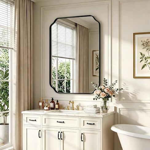 36"x24" Black Wall Bathroom Mirror, Scalloped Edge Vanity Mirror | Hangs Vertically/Horizontally, Wooden Frame Decorative Mirror, For Vanity, Bedroom & Entryway, Aesthetic Bathroom Decor in Saudi Arabia