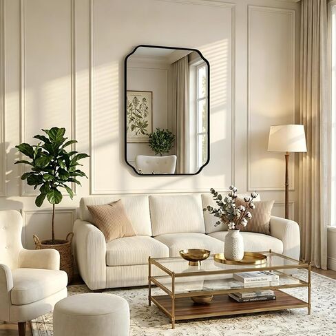 36"x24" Black Wall Bathroom Mirror, Scalloped Edge Vanity Mirror | Hangs Vertically/Horizontally, Wooden Frame Decorative Mirror, For Vanity, Bedroom & Entryway, Aesthetic Bathroom Decor in Saudi Arabia