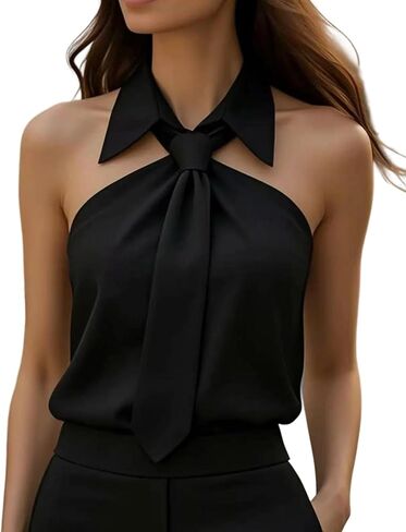Women Blouse Tie-Neck Halter Sleeveless Shirt Slim Fit Top Off Shoulder Casual Pullover in Saudi Arabia