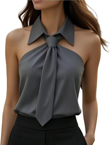 Women Blouse Tie-Neck Halter Sleeveless Shirt Slim Fit Top Off Shoulder Casual Pullover in Saudi Arabia