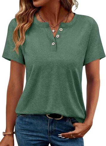 TICTICMIMI Women's V Neck Henley Shirts Short Sleeve Casual T Shirts Button Down Relaxed Fit Summer Tops in Saudi Arabia