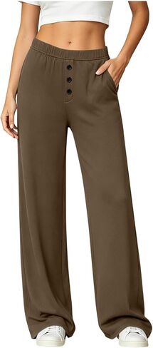 Women's Wide Leg Pants Elastic Waist Buttons Front Comfy Stretch Straight Trousers with Pockets for Casual Daily Wear in Saudi Arabia