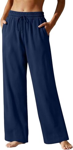 Wide Leg Linen Pants Women Drawstring High Waisted Summer Beach Vacation Dressy Flowy Lightweight Cotton Trousers in Saudi Arabia