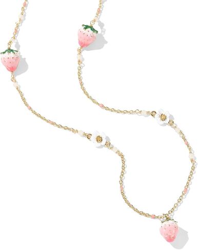 Pink Strawberry Station Necklace - Cute Enamel Fruit & Flower Pendant for Women, 18K Gold Plated Dainty Aesthetic Jewelry Gift in Saudi Arabia