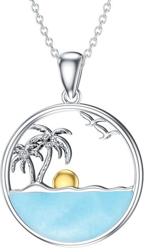 Palm Tree Necklace for Women Sterling Silver Ocean Wave Pendant Necklaces Natural Larimar Gemstone Pendants Jewelry Gift for Mom Wife Girlfriend in Saudi Arabia