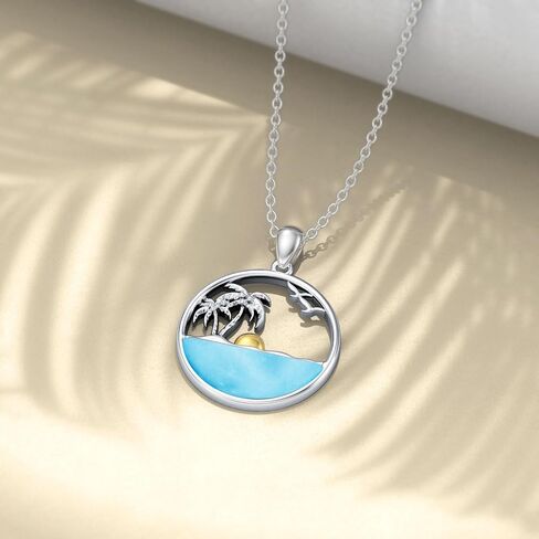 Palm Tree Necklace for Women Sterling Silver Ocean Wave Pendant Necklaces Natural Larimar Gemstone Pendants Jewelry Gift for Mom Wife Girlfriend in Saudi Arabia