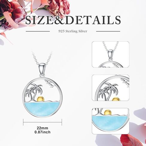 Palm Tree Necklace for Women Sterling Silver Ocean Wave Pendant Necklaces Natural Larimar Gemstone Pendants Jewelry Gift for Mom Wife Girlfriend in Saudi Arabia